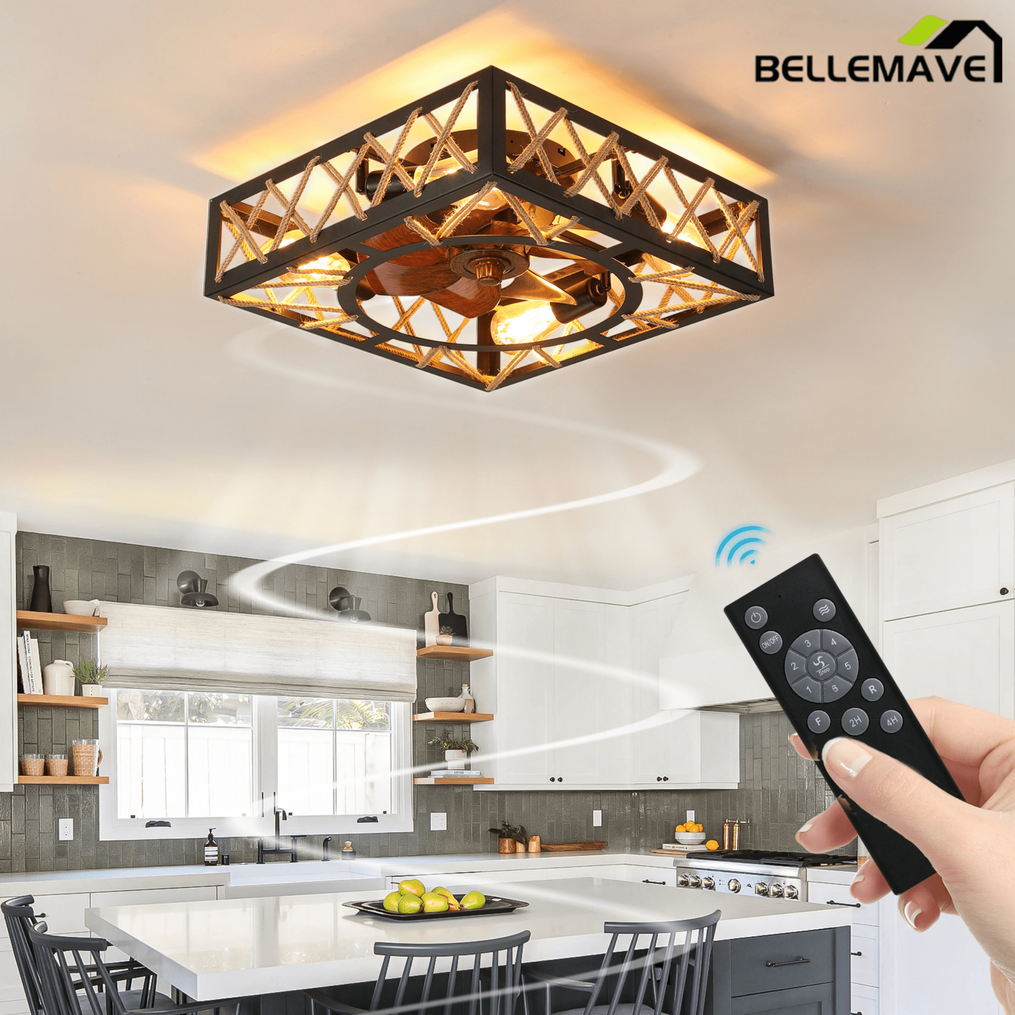 Bellemave® Farmhouse Ceiling Fan with Remote Control – Square Caged Industrial Design, 6 - Speed Noiseless DC Motor - Bellemave