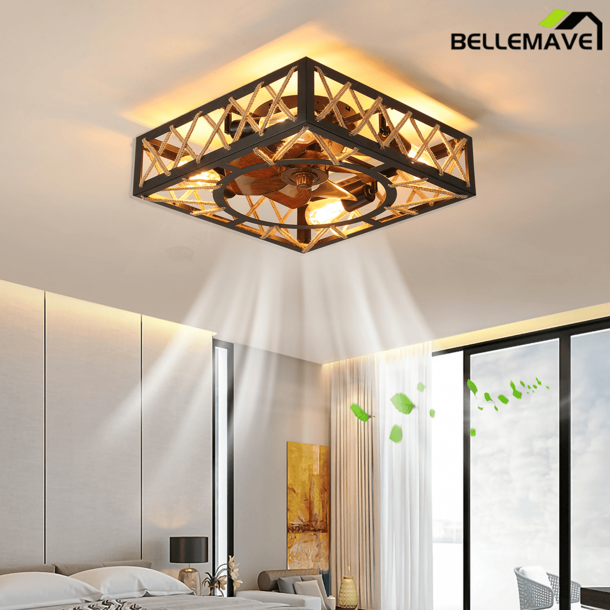 Bellemave® Farmhouse Ceiling Fan with Remote Control – Square Caged Industrial Design, 6 - Speed Noiseless DC Motor - Bellemave
