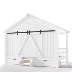 Bellemave® Farmhouse House Bed with Sliding Barn Door, Storage Drawers & Staircase, Wooden Kids House Bed Frame with Light - Bellemave