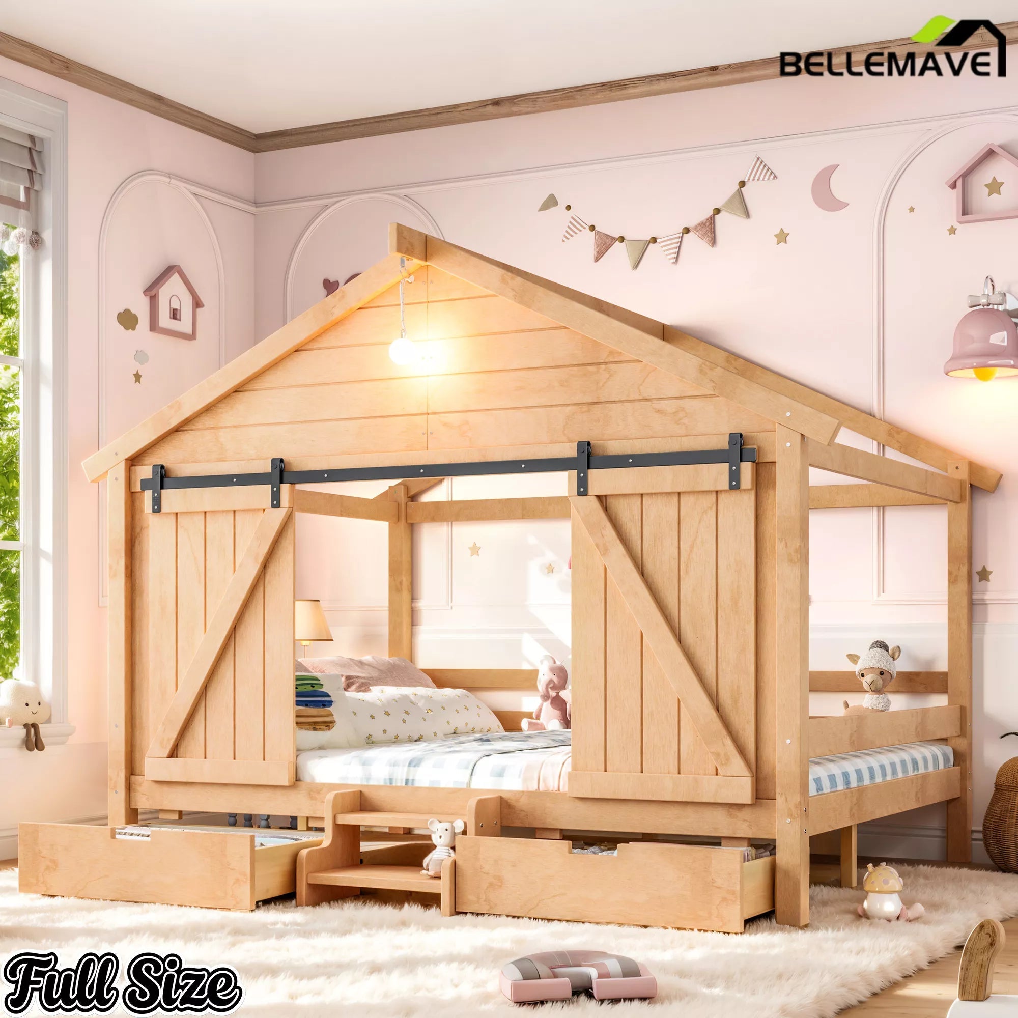 Bellemave® Farmhouse House Bed with Sliding Barn Door, Storage Drawers & Staircase, Wooden Kids House Bed Frame with Light - Bellemave
