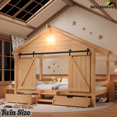 Bellemave® Farmhouse House Bed with Sliding Barn Door, Storage Drawers & Staircase, Wooden Kids House Bed Frame with Light - Bellemave
