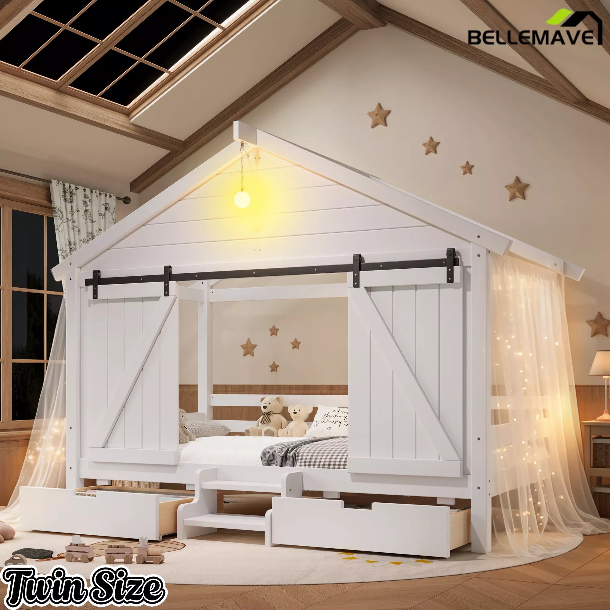 Bellemave® Farmhouse House Bed with Sliding Barn Door, Storage Drawers & Staircase, Wooden Kids House Bed Frame with Light - Bellemave
