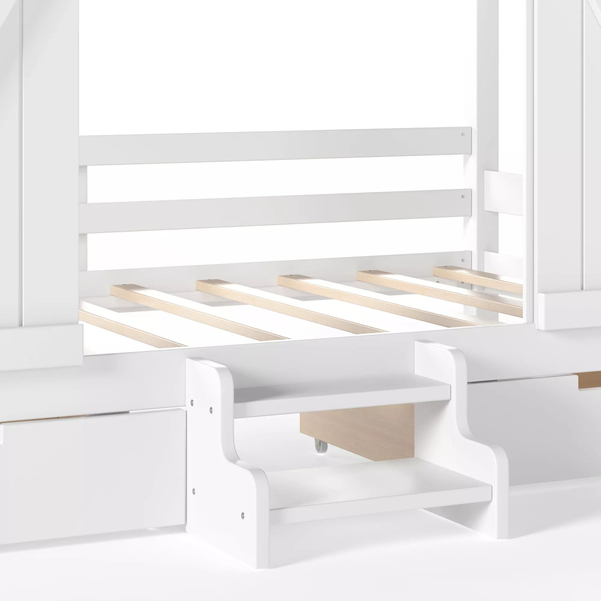 Bellemave® Farmhouse House Bed with Sliding Barn Door, Storage Drawers & Staircase, Wooden Kids House Bed Frame with Light - Bellemave
