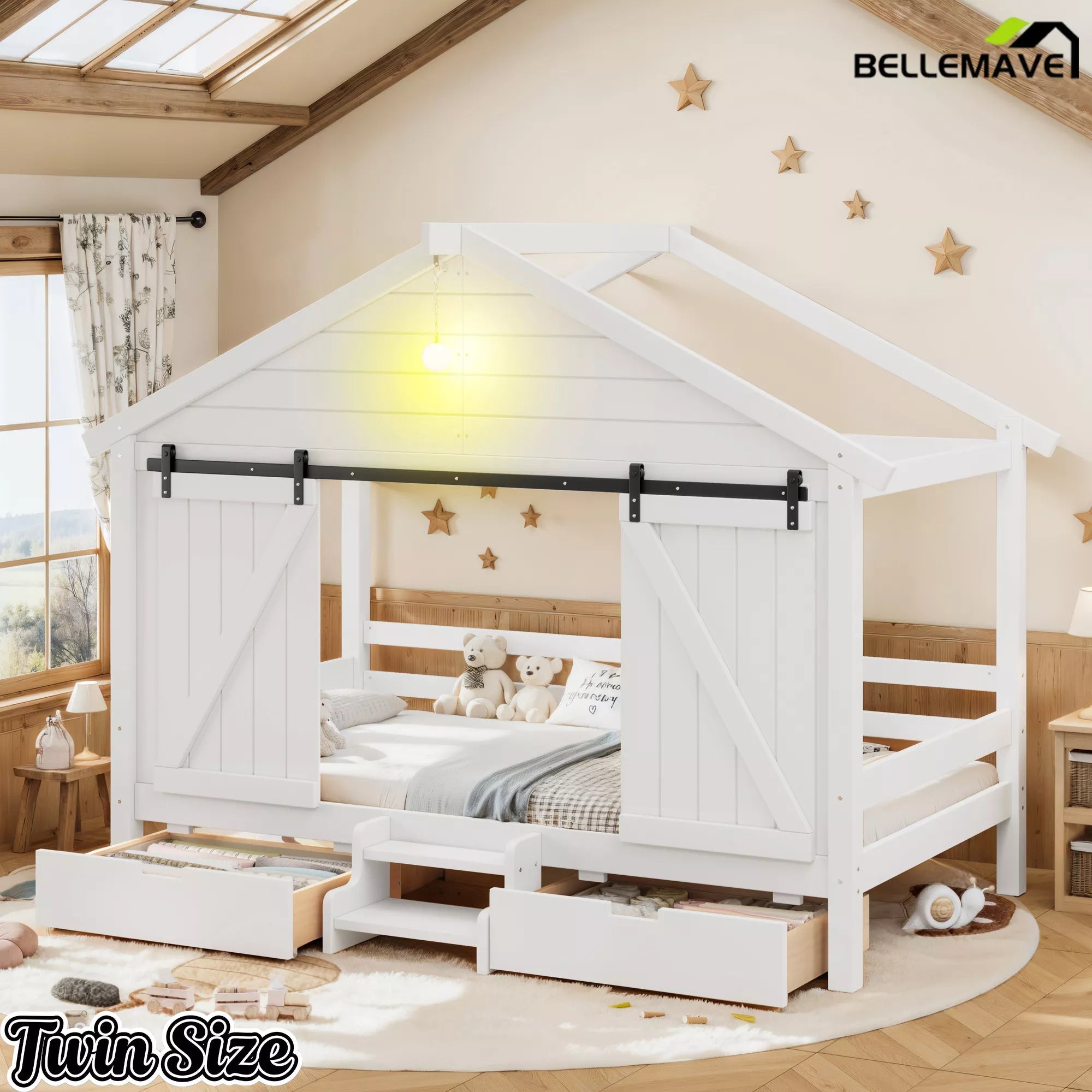 Bellemave® Farmhouse House Bed with Sliding Barn Door, Storage Drawers & Staircase, Wooden Kids House Bed Frame with Light - Bellemave