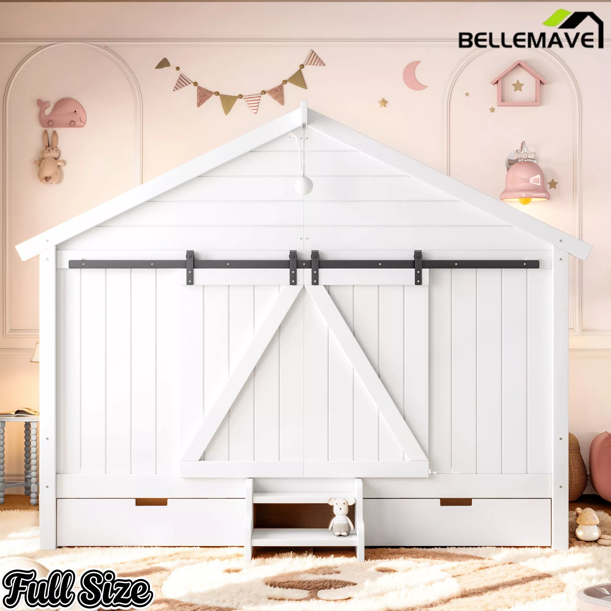 Bellemave® Farmhouse House Bed with Sliding Barn Door, Storage Drawers & Staircase, Wooden Kids House Bed Frame with Light - Bellemave