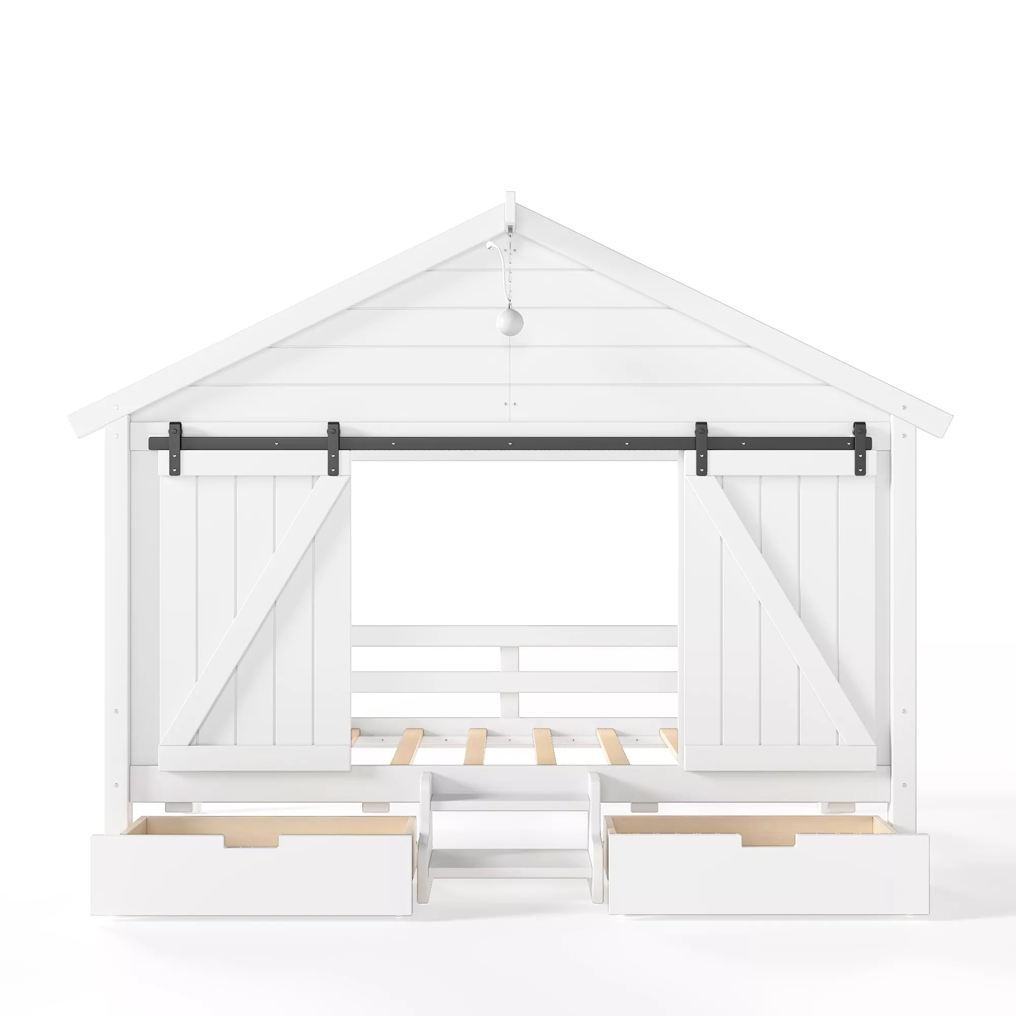Bellemave® Farmhouse House Bed with Sliding Barn Door, Storage Drawers & Staircase, Wooden Kids House Bed Frame with Light - Bellemave