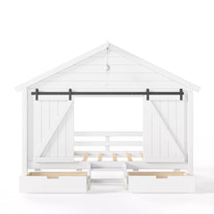 Bellemave® Farmhouse House Bed with Sliding Barn Door, Storage Drawers & Staircase, Wooden Kids House Bed Frame with Light - Bellemave