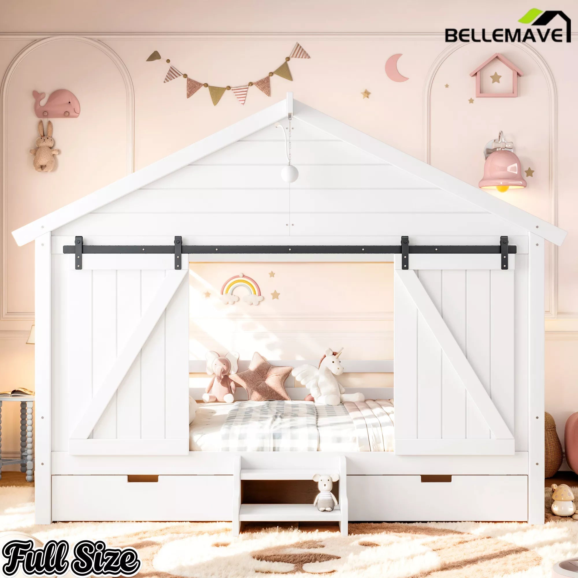 Bellemave® Farmhouse House Bed with Sliding Barn Door, Storage Drawers & Staircase, Wooden Kids House Bed Frame with Light - Bellemave