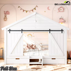 Bellemave® Farmhouse House Bed with Sliding Barn Door, Storage Drawers & Staircase, Wooden Kids House Bed Frame with Light - Bellemave