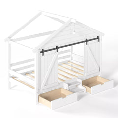 Bellemave® Farmhouse House Bed with Sliding Barn Door, Storage Drawers & Staircase, Wooden Kids House Bed Frame with Light - Bellemave