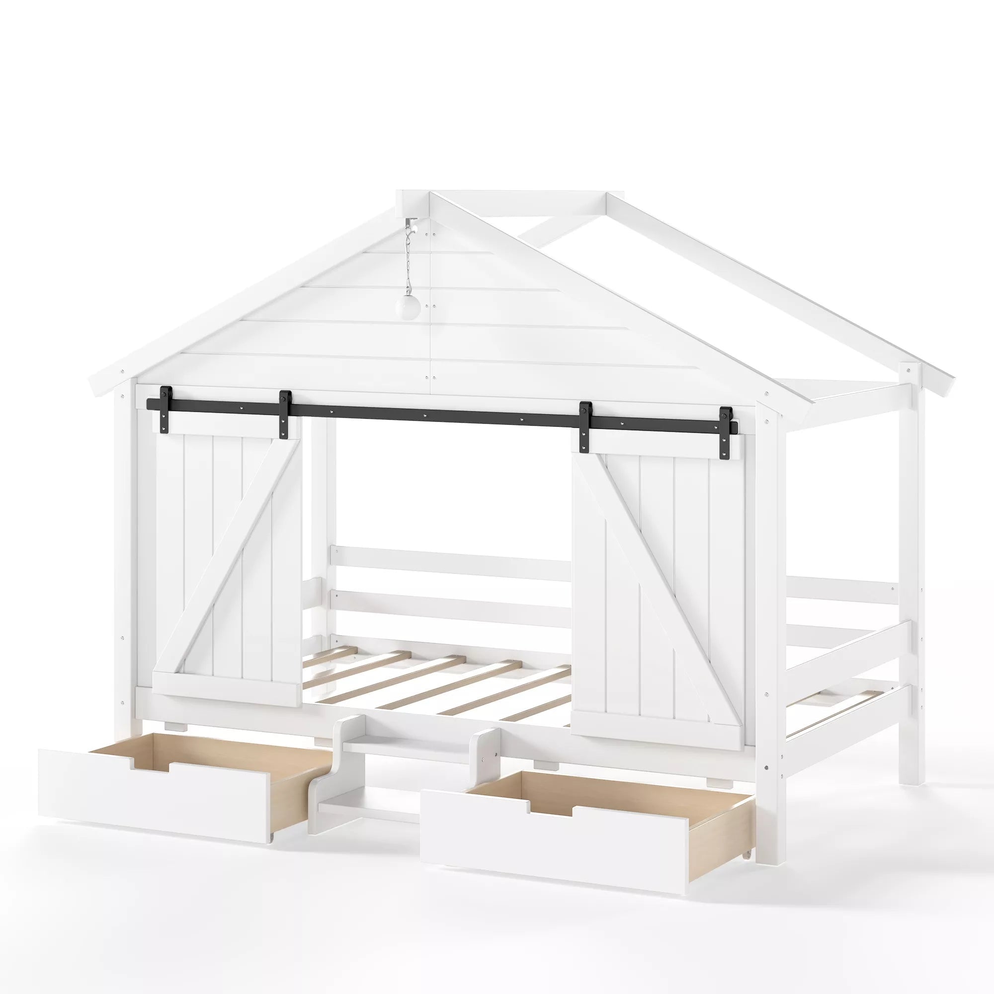 Bellemave® Farmhouse House Bed with Sliding Barn Door, Storage Drawers & Staircase, Wooden Kids House Bed Frame with Light - Bellemave
