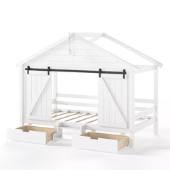 Bellemave® Farmhouse House Bed with Sliding Barn Door, Storage Drawers & Staircase, Wooden Kids House Bed Frame with Light - Bellemave