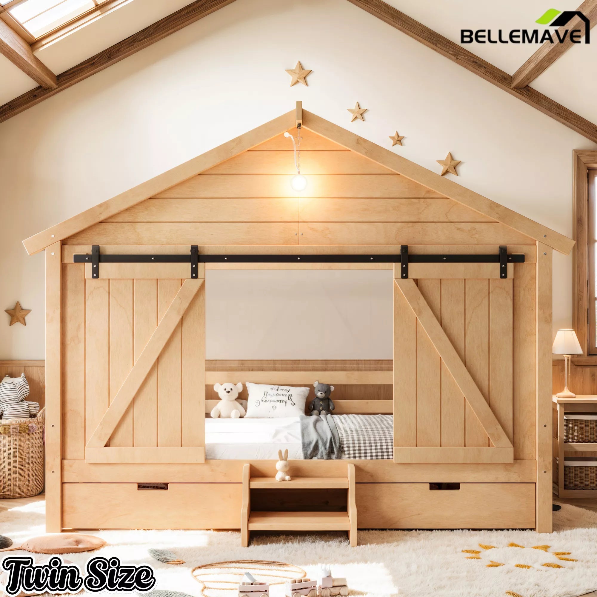 Bellemave® Farmhouse House Bed with Sliding Barn Door, Storage Drawers & Staircase, Wooden Kids House Bed Frame with Light - Bellemave