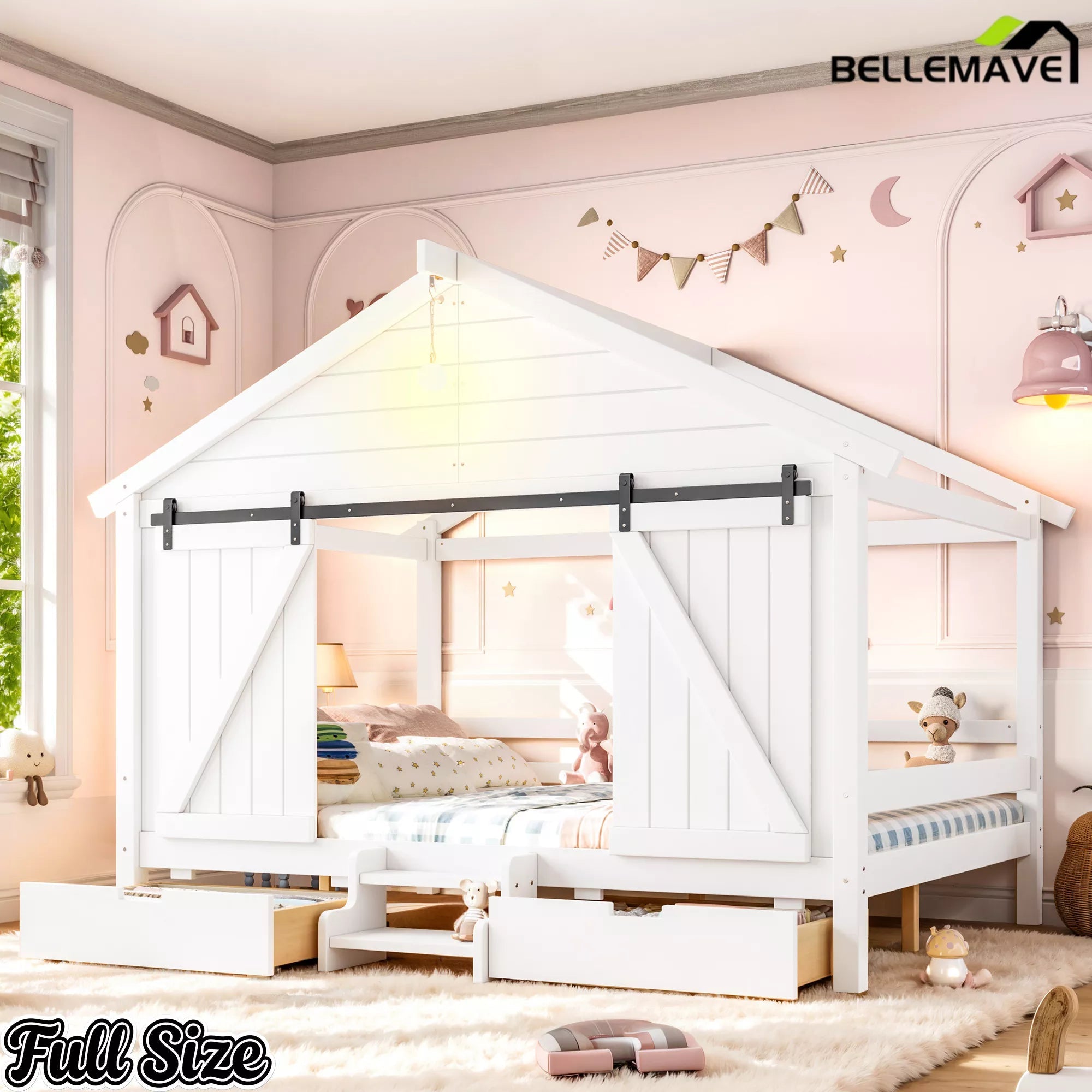 Bellemave® Farmhouse House Bed with Sliding Barn Door, Storage Drawers & Staircase, Wooden Kids House Bed Frame with Light - Bellemave