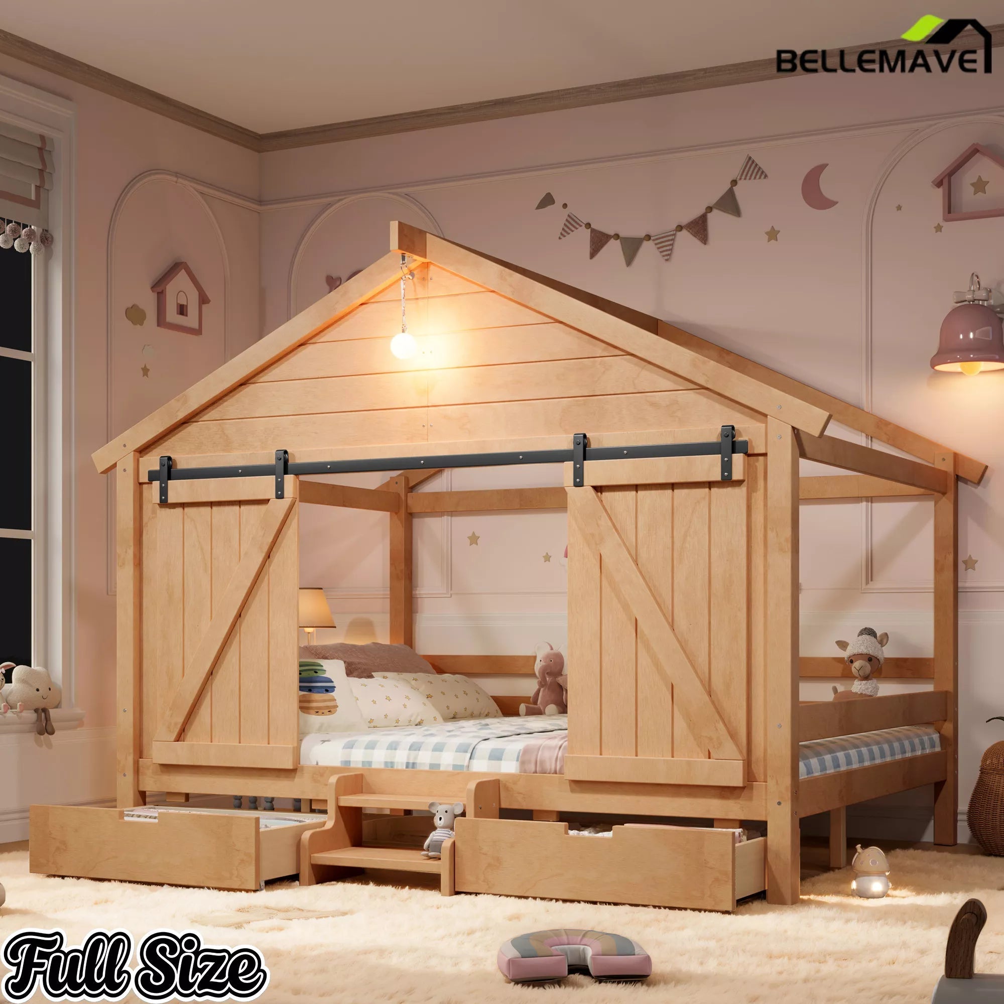 Bellemave® Farmhouse House Bed with Sliding Barn Door, Storage Drawers & Staircase, Wooden Kids House Bed Frame with Light - Bellemave