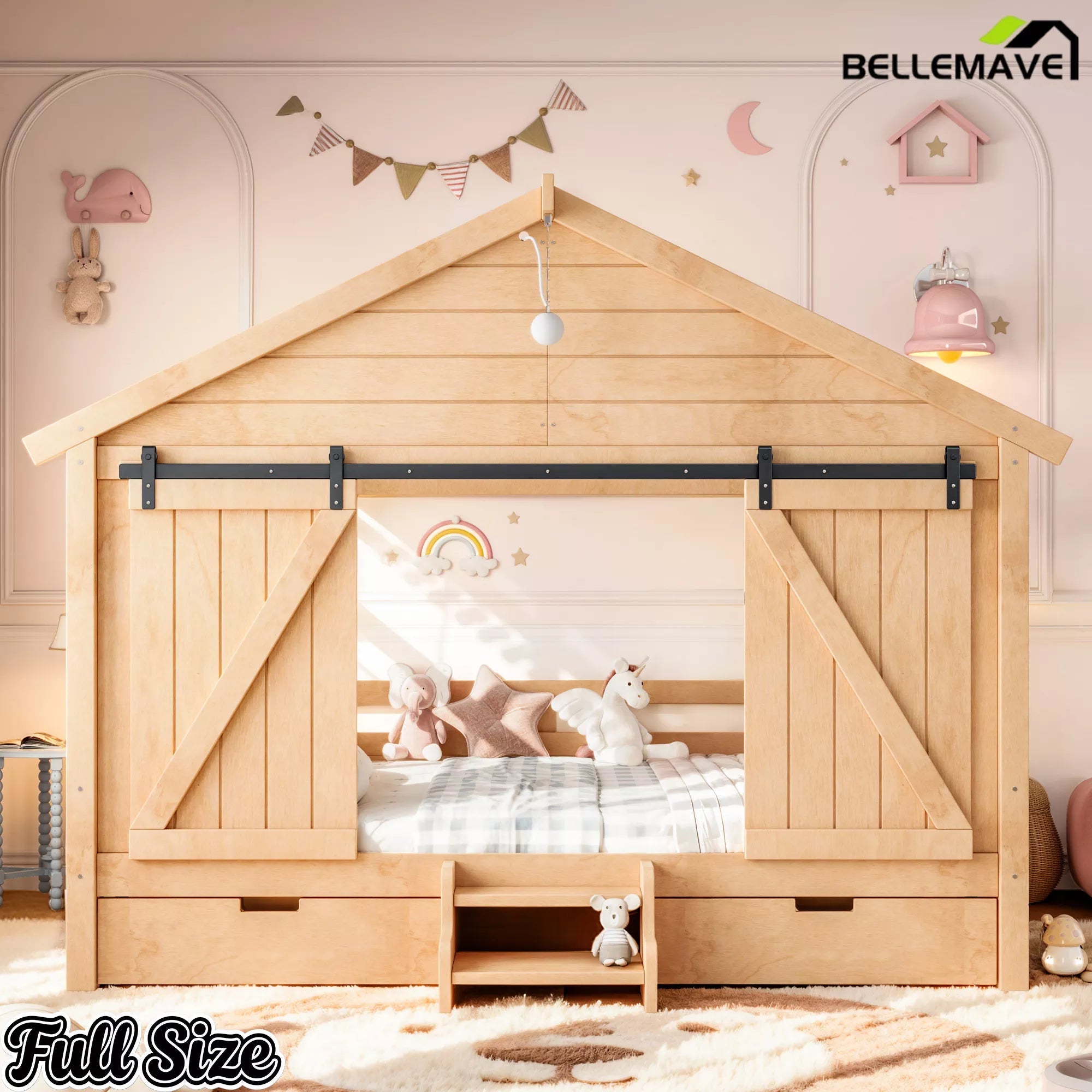 Bellemave® Farmhouse House Bed with Sliding Barn Door, Storage Drawers & Staircase, Wooden Kids House Bed Frame with Light - Bellemave