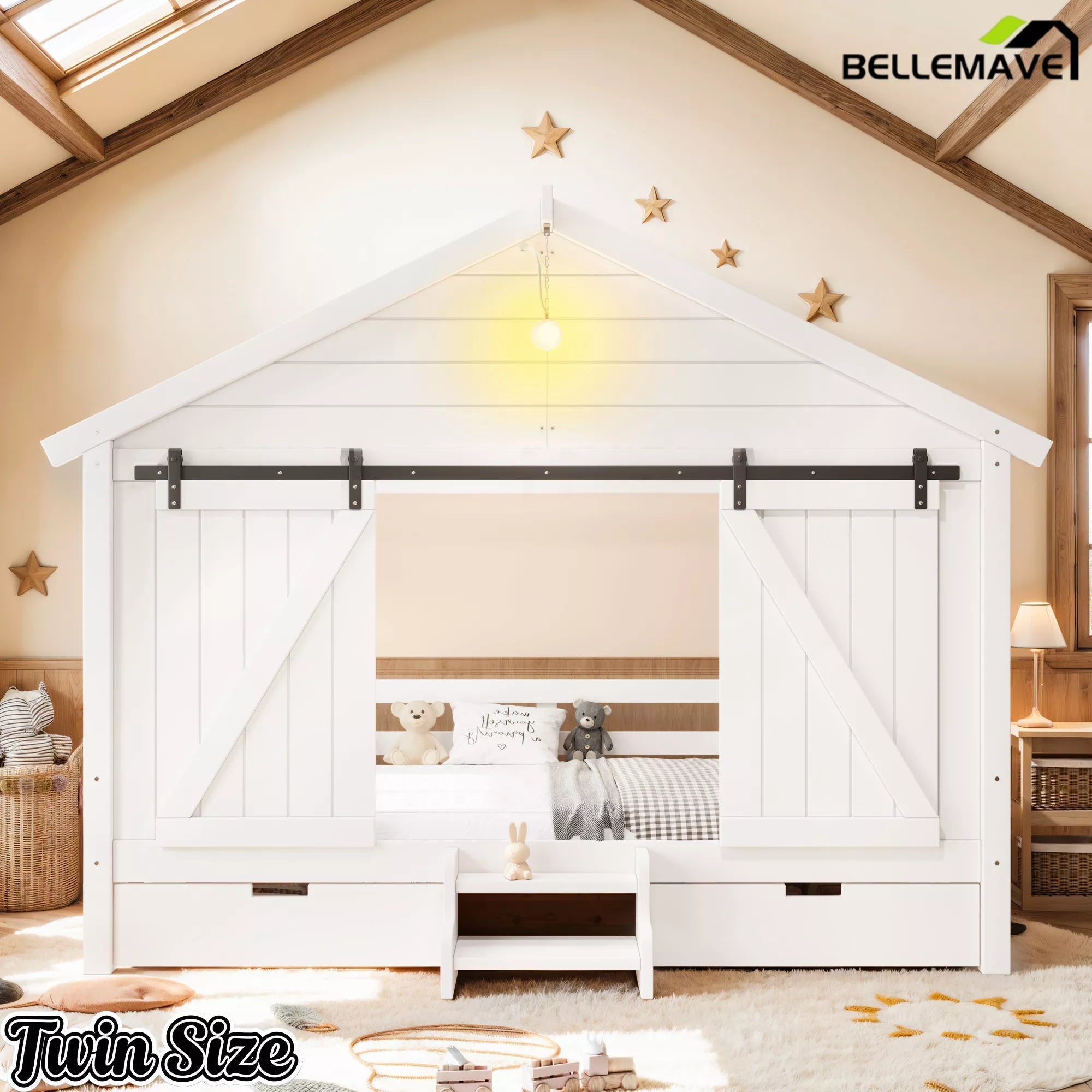 Bellemave® Farmhouse House Bed with Sliding Barn Door, Storage Drawers & Staircase, Wooden Kids House Bed Frame with Light - Bellemave