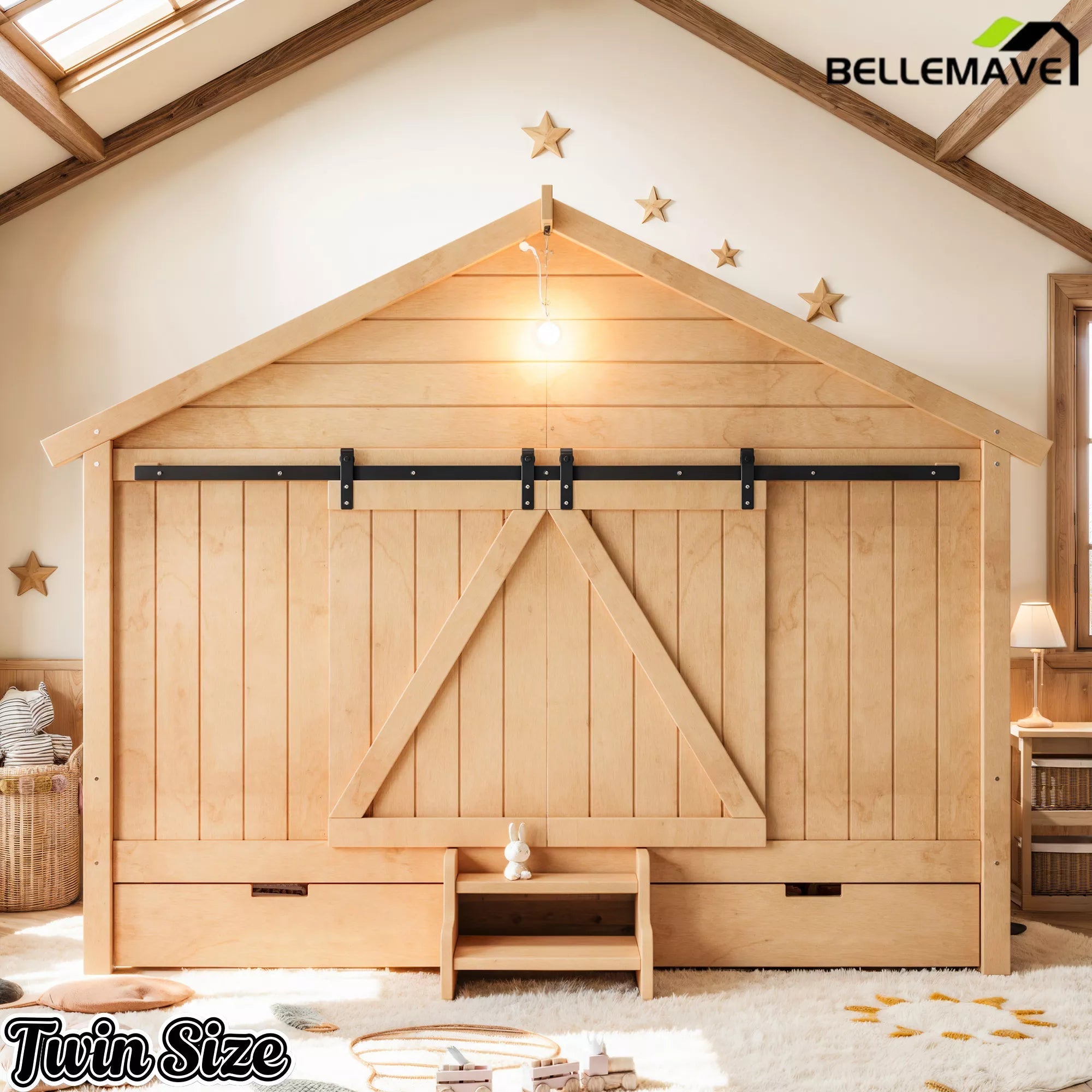 Bellemave® Farmhouse House Bed with Sliding Barn Door, Storage Drawers & Staircase, Wooden Kids House Bed Frame with Light - Bellemave
