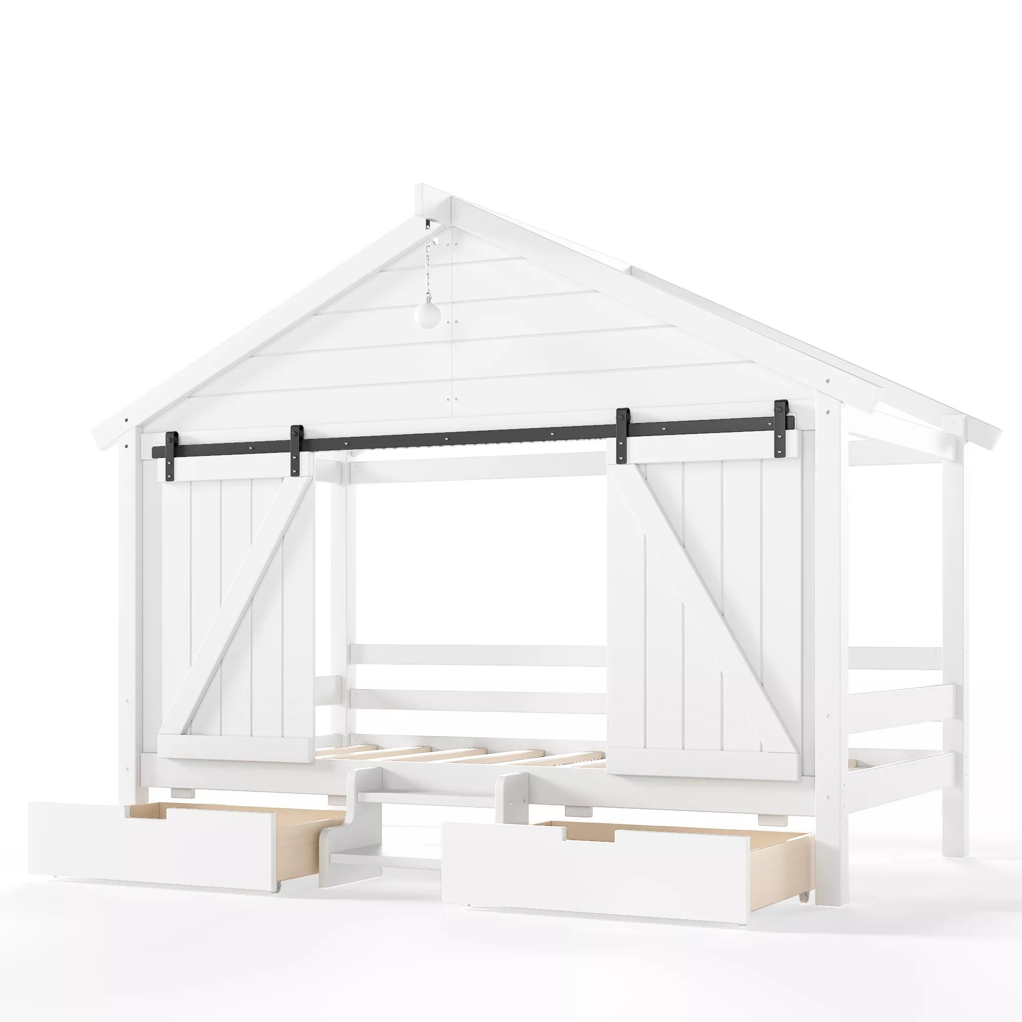 Bellemave® Farmhouse House Bed with Sliding Barn Door, Storage Drawers & Staircase, Wooden Kids House Bed Frame with Light - Bellemave