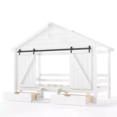 Bellemave® Farmhouse House Bed with Sliding Barn Door, Storage Drawers & Staircase, Wooden Kids House Bed Frame with Light - Bellemave