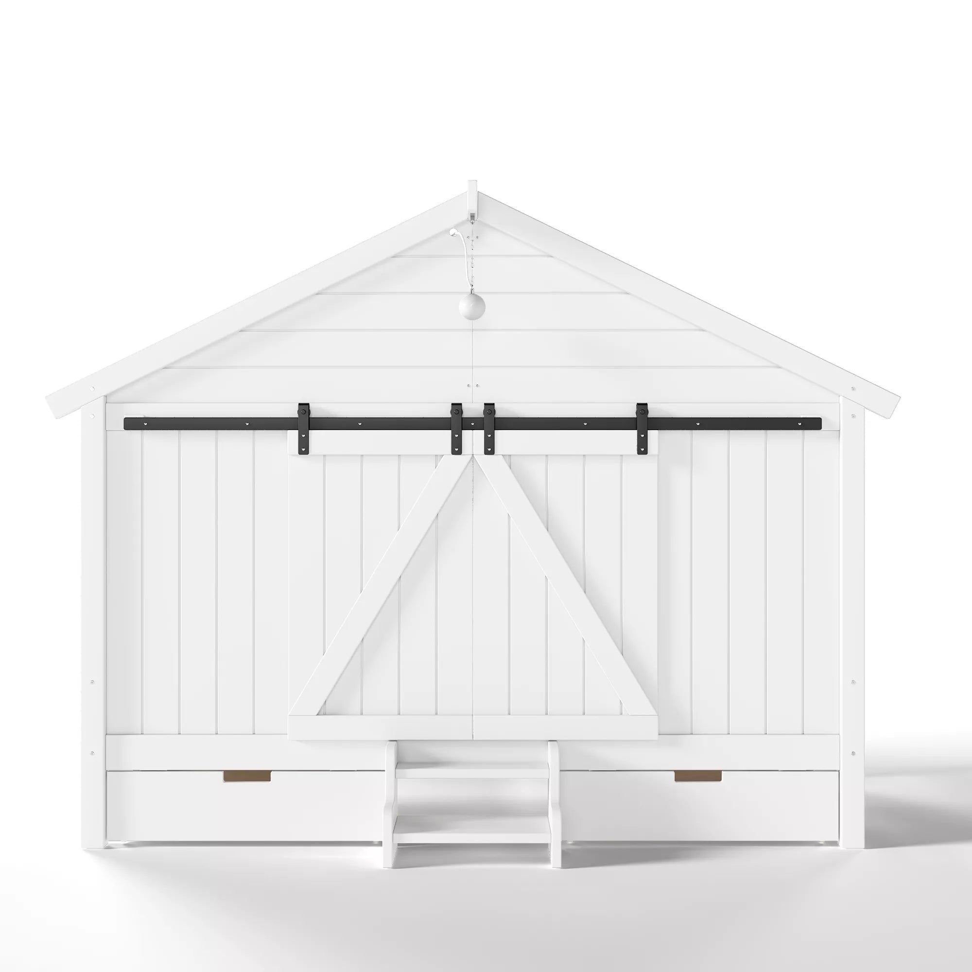 Bellemave® Farmhouse House Bed with Sliding Barn Door, Storage Drawers & Staircase, Wooden Kids House Bed Frame with Light - Bellemave