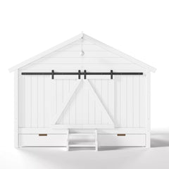 Bellemave® Farmhouse House Bed with Sliding Barn Door, Storage Drawers & Staircase, Wooden Kids House Bed Frame with Light - Bellemave
