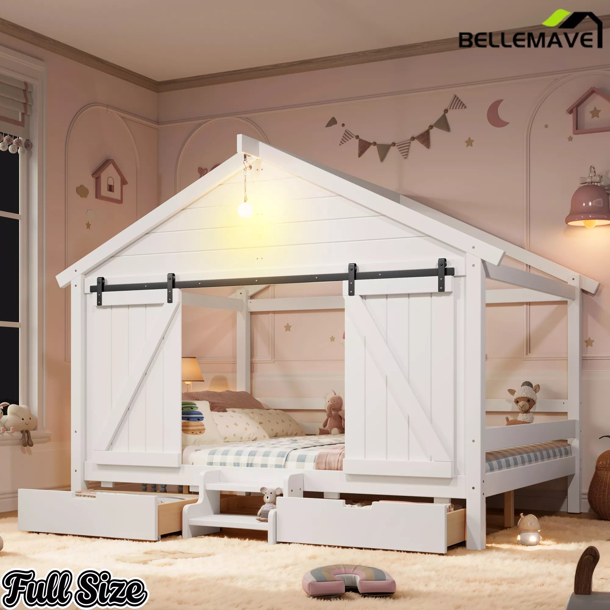 Bellemave® Farmhouse House Bed with Sliding Barn Door, Storage Drawers & Staircase, Wooden Kids House Bed Frame with Light - Bellemave