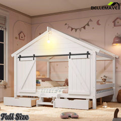 Bellemave® Farmhouse House Bed with Sliding Barn Door, Storage Drawers & Staircase, Wooden Kids House Bed Frame with Light - Bellemave