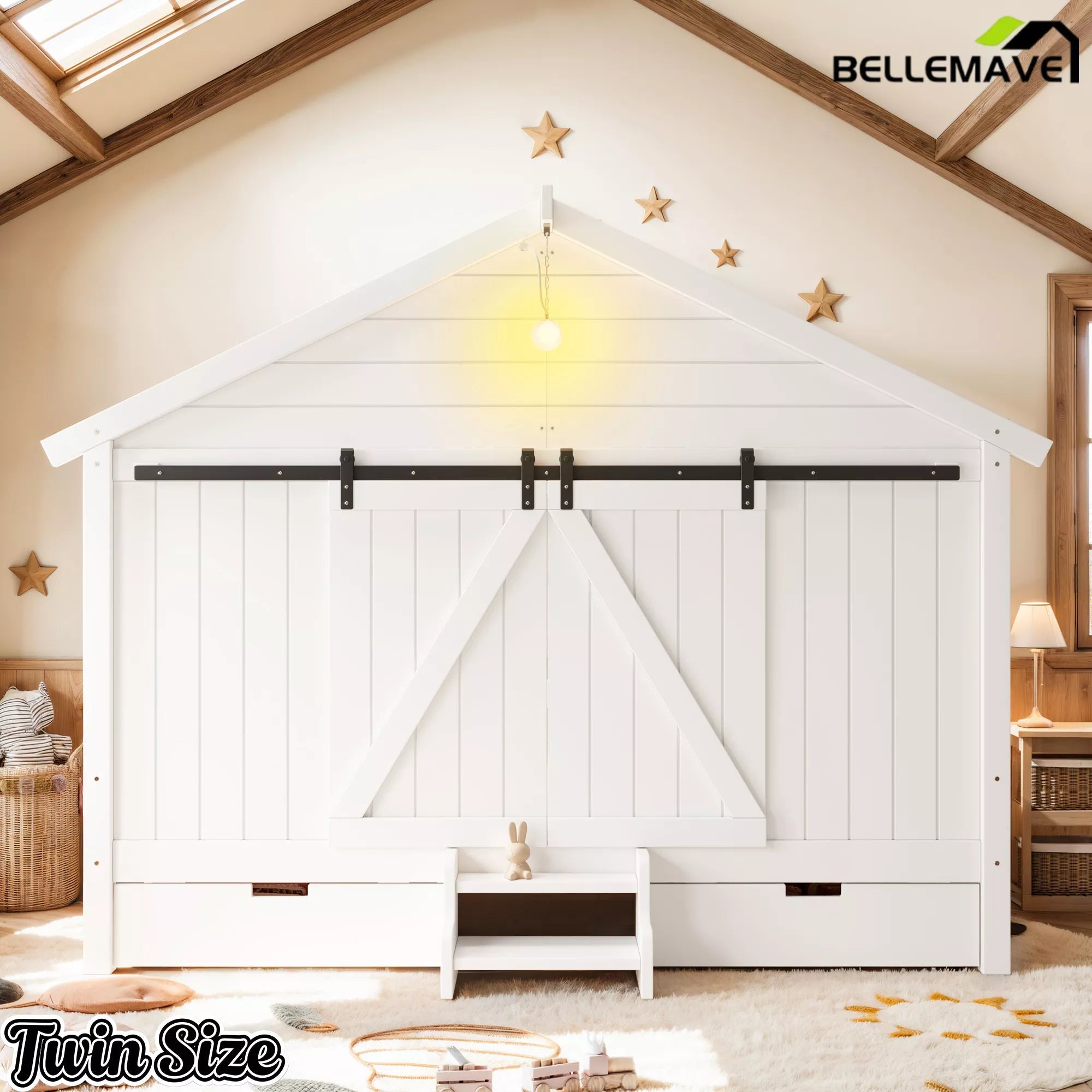 Bellemave® Farmhouse House Bed with Sliding Barn Door, Storage Drawers & Staircase, Wooden Kids House Bed Frame with Light - Bellemave