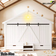Bellemave® Farmhouse House Bed with Sliding Barn Door, Storage Drawers & Staircase, Wooden Kids House Bed Frame with Light - Bellemave