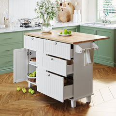 Bellemave® Farmhouse Kitchen Island Set with Drop Leaf and 2 Seatings, Drawers and Towel Rack - Bellemave
