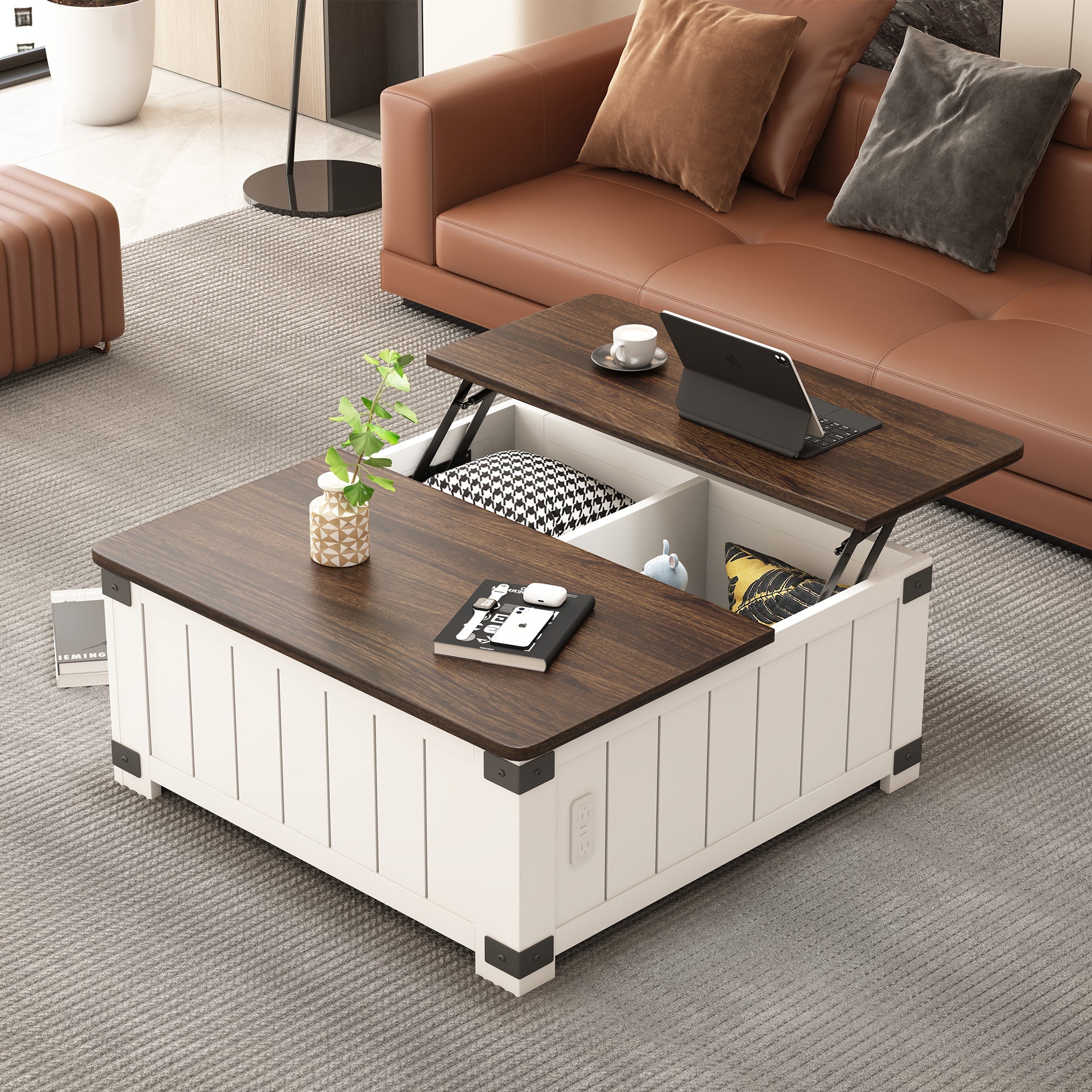 Bellemave® Farmhouse Lift Top Coffee Table with Storage, Charging Station&USB Ports - Bellemave