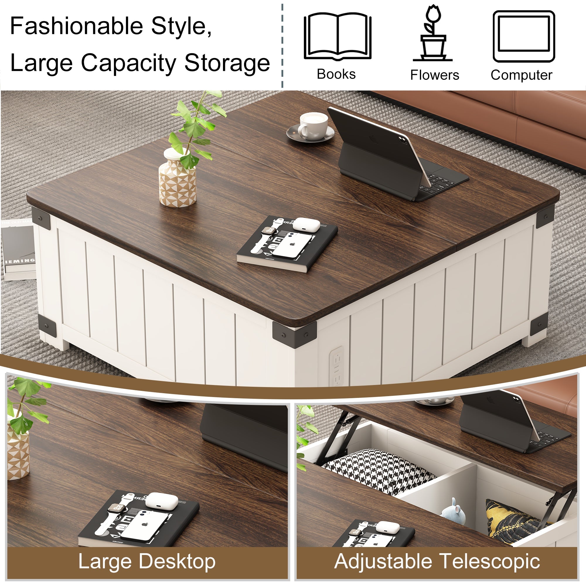 Bellemave® Farmhouse Lift Top Coffee Table with Storage, Charging Station&USB Ports - Bellemave