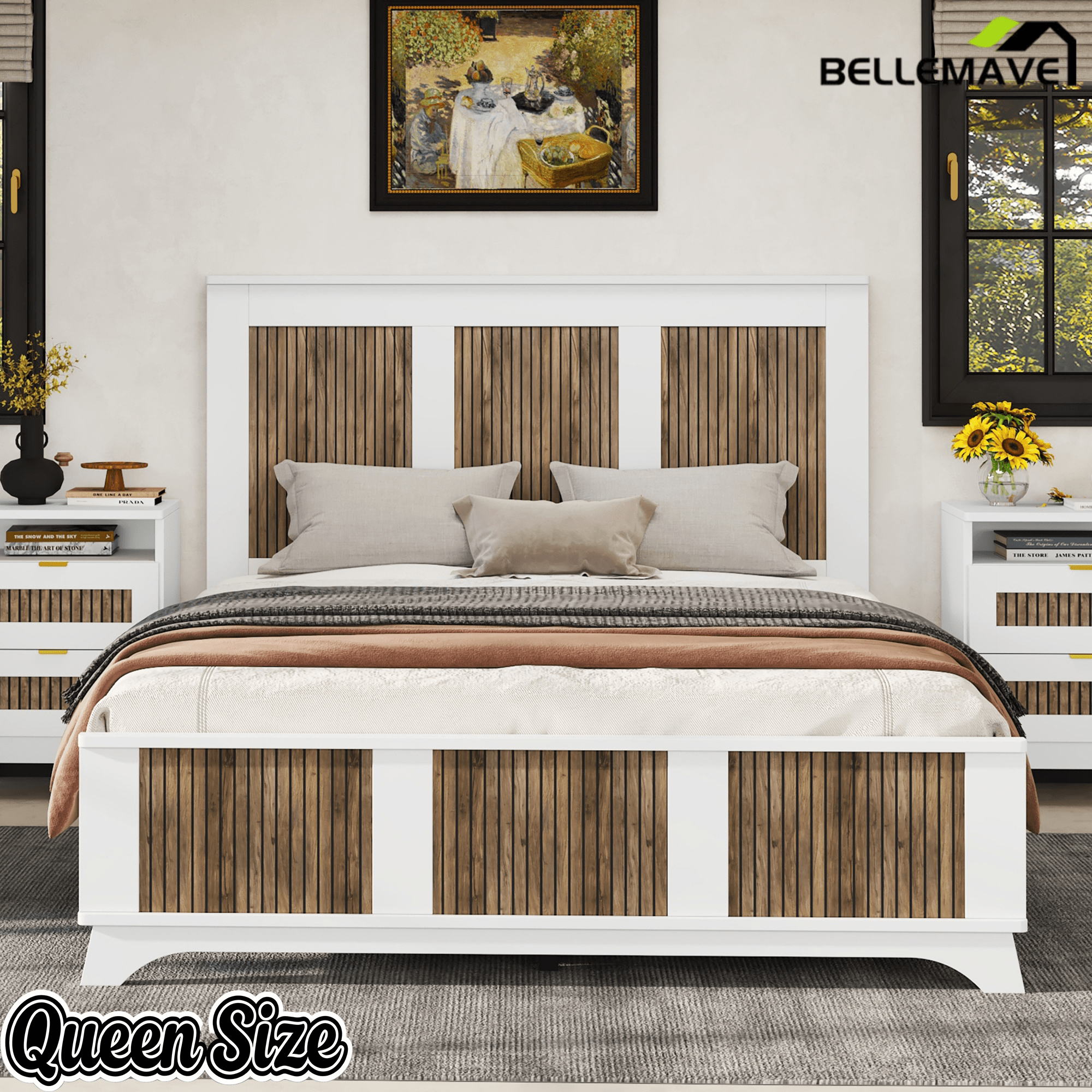 Bellemave® Farmhouse Platform Bed Frame | Queen Size, Solid Wood with Plywood Slats - Bellemave