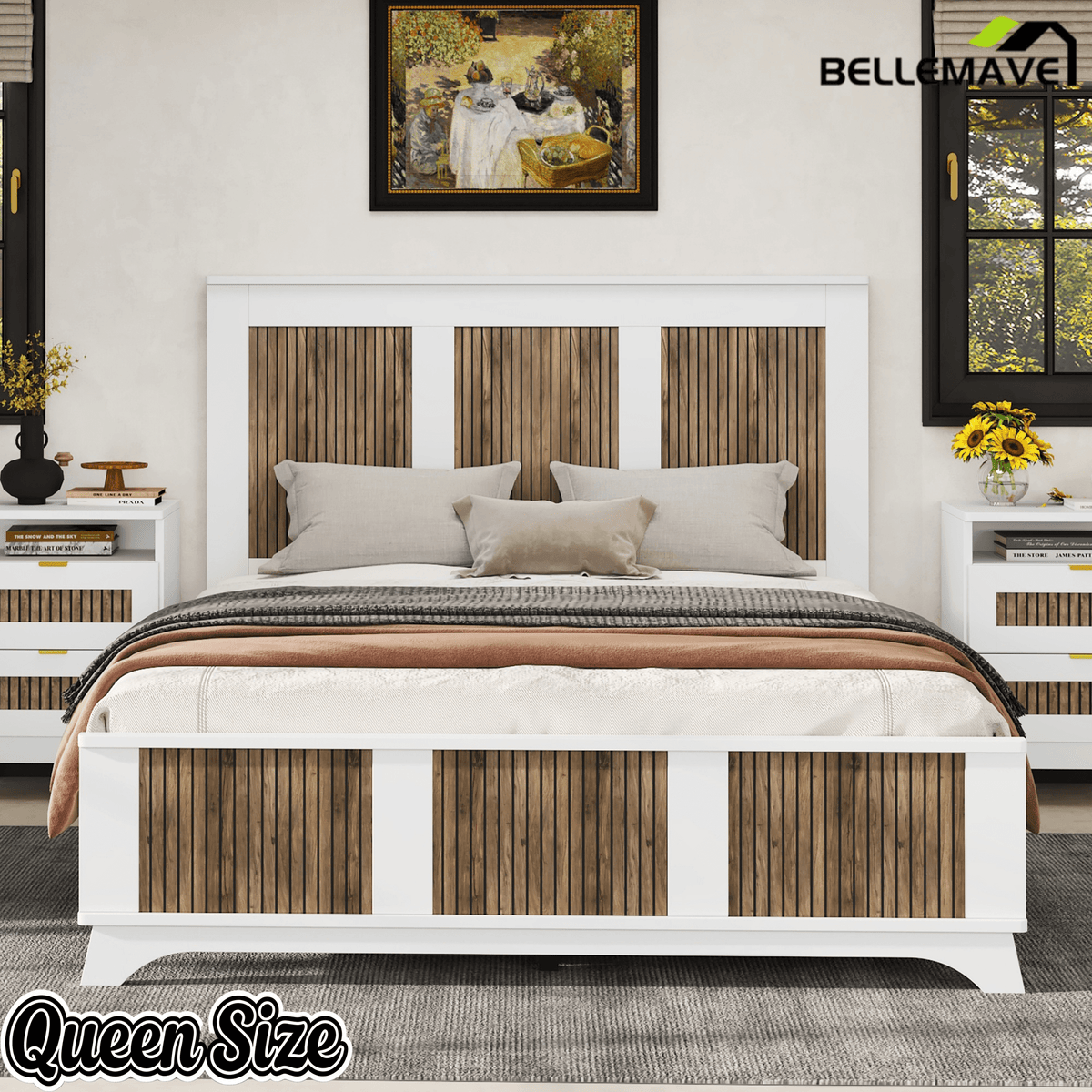 Bellemave® Farmhouse Platform Bed Frame | Queen Size, Solid Wood with Plywood Slats - Bellemave