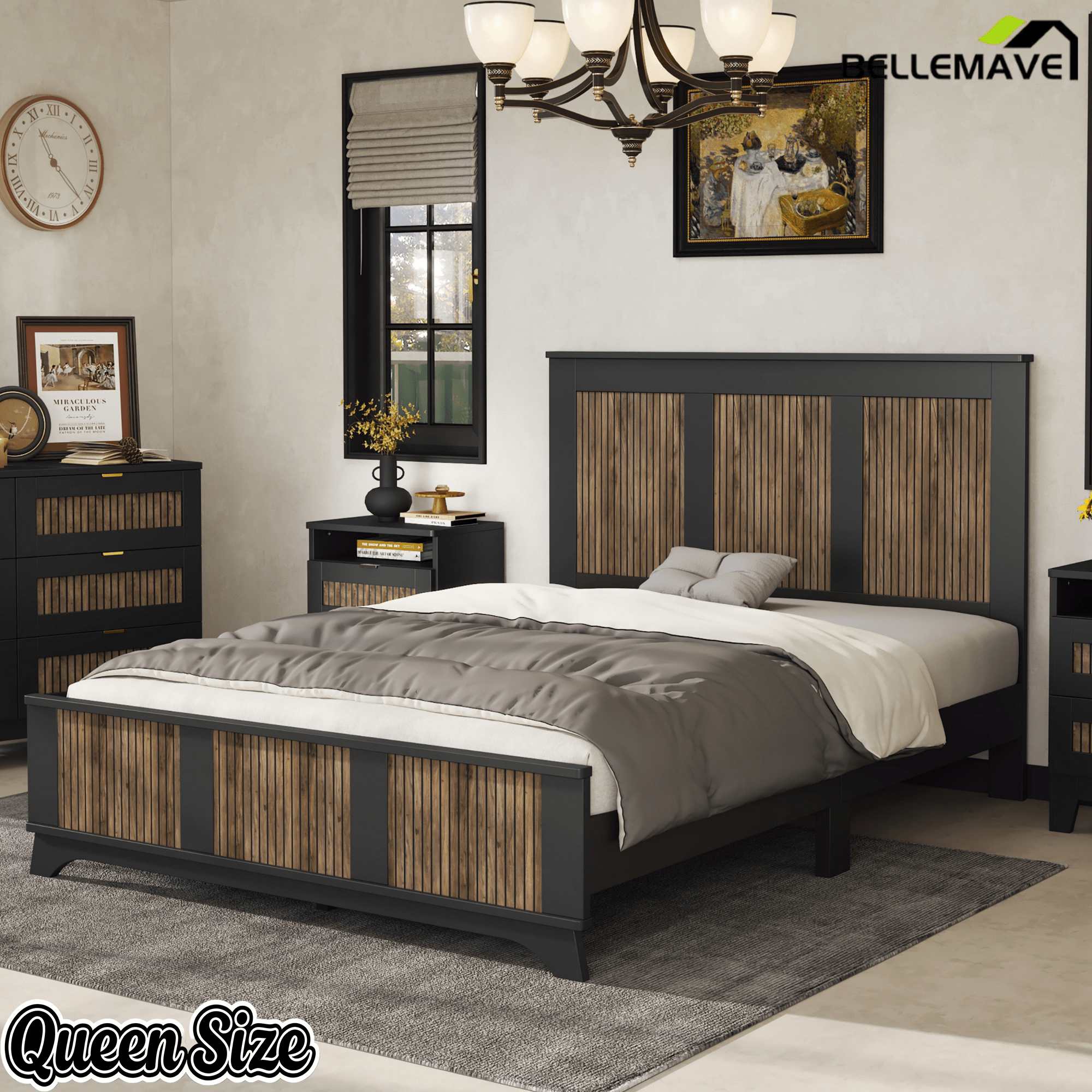 Bellemave® Farmhouse Platform Bed Frame | Queen Size, Solid Wood with Plywood Slats - Bellemave