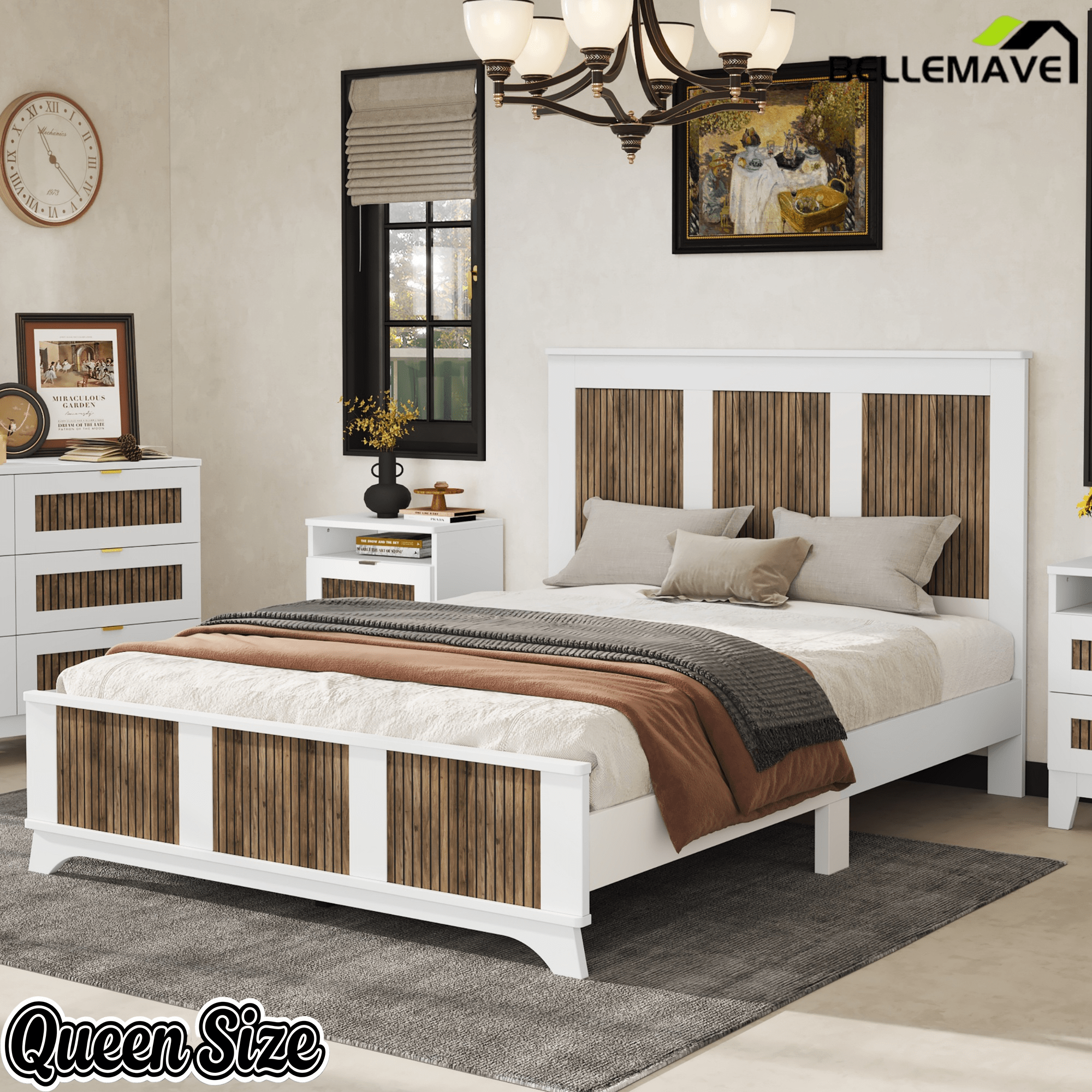 Bellemave® Farmhouse Platform Bed Frame | Queen Size, Solid Wood with Plywood Slats - Bellemave