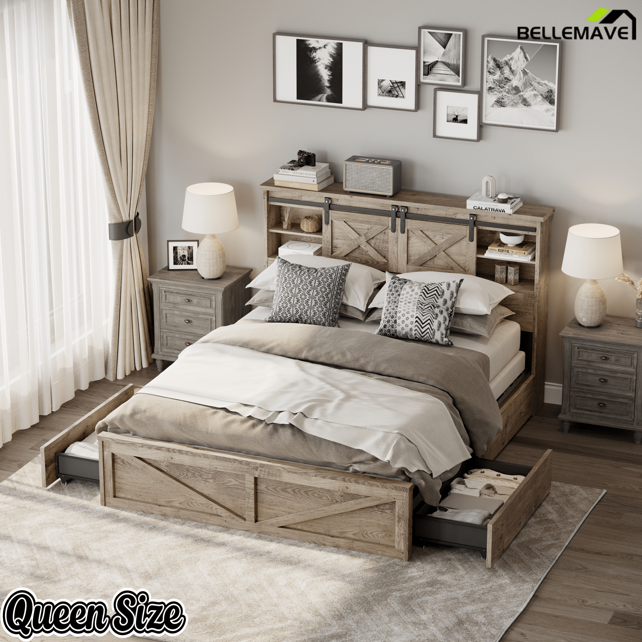 Bellemave® Farmhouse Queen Bed Frame with Storage Drawers & Bookcase Headboard - LED Lights, USB Charging Station, Sliding Barn Door, Wooden Platform Bed No Box Spring Needed Rustic Oak Bedroom Furniture Set - Bellemave
