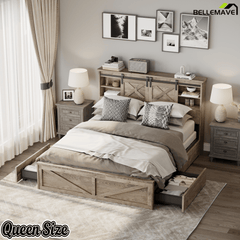 Bellemave® Farmhouse Queen Bed Frame with Storage Drawers & Bookcase Headboard - LED Lights, USB Charging Station, Sliding Barn Door, Wooden Platform Bed No Box Spring Needed Rustic Oak Bedroom Furniture Set - Bellemave
