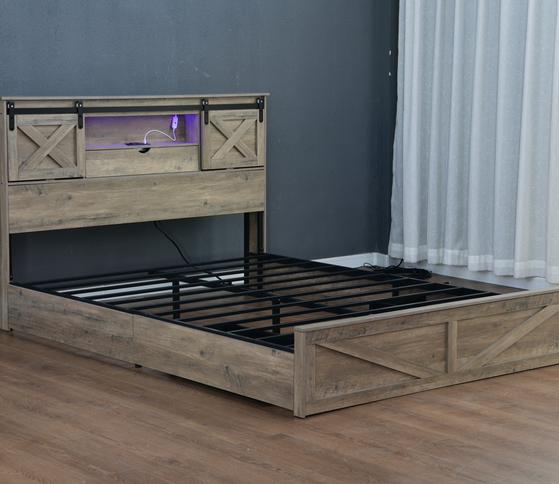 Bellemave® Farmhouse Queen Bed Frame with Storage Drawers & Bookcase Headboard - LED Lights, USB Charging Station, Sliding Barn Door, Wooden Platform Bed No Box Spring Needed Rustic Oak Bedroom Furniture Set - Bellemave