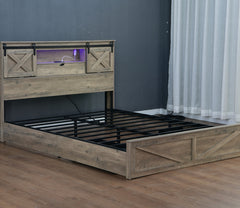 Bellemave® Farmhouse Queen Bed Frame with Storage Drawers & Bookcase Headboard - LED Lights, USB Charging Station, Sliding Barn Door, Wooden Platform Bed No Box Spring Needed Rustic Oak Bedroom Furniture Set - Bellemave