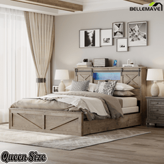 Bellemave® Farmhouse Queen Bed Frame with Storage Drawers & Bookcase Headboard - LED Lights, USB Charging Station, Sliding Barn Door, Wooden Platform Bed No Box Spring Needed Rustic Oak Bedroom Furniture Set - Bellemave