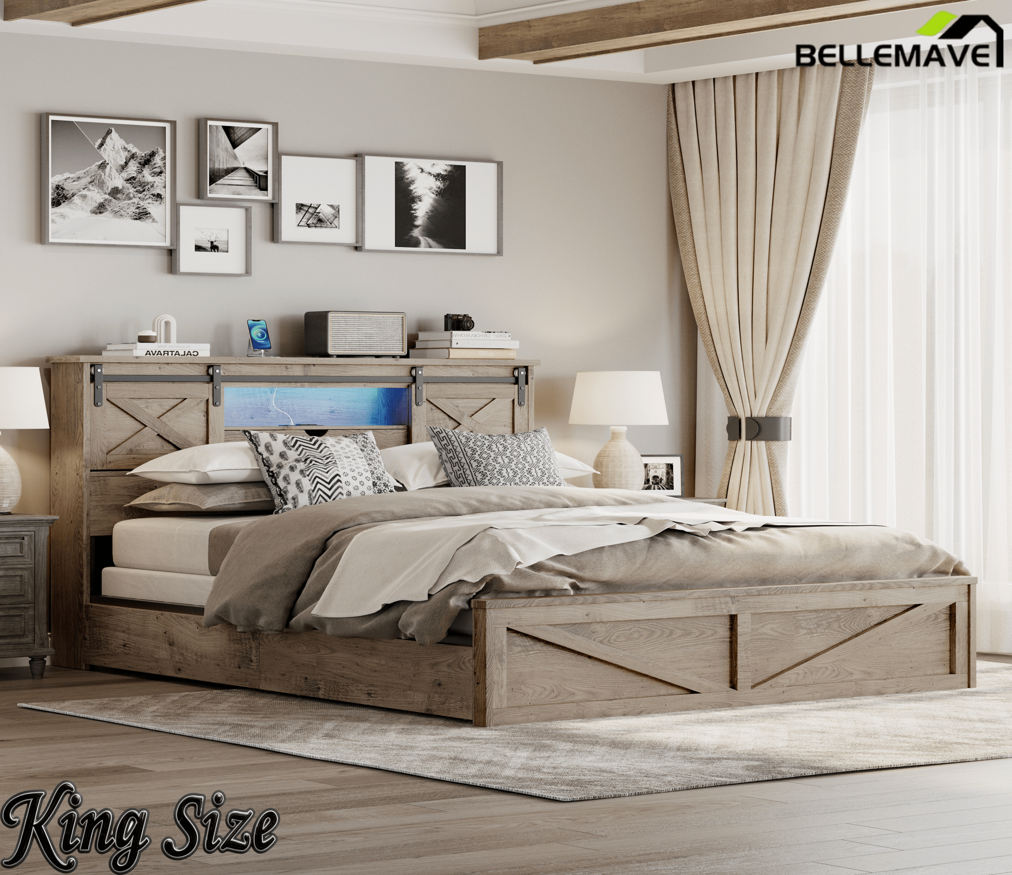 Bellemave® Farmhouse Queen Bed Frame with Storage Drawers & Bookcase Headboard - LED Lights, USB Charging Station, Sliding Barn Door, Wooden Platform Bed No Box Spring Needed Rustic Oak Bedroom Furniture Set - Bellemave