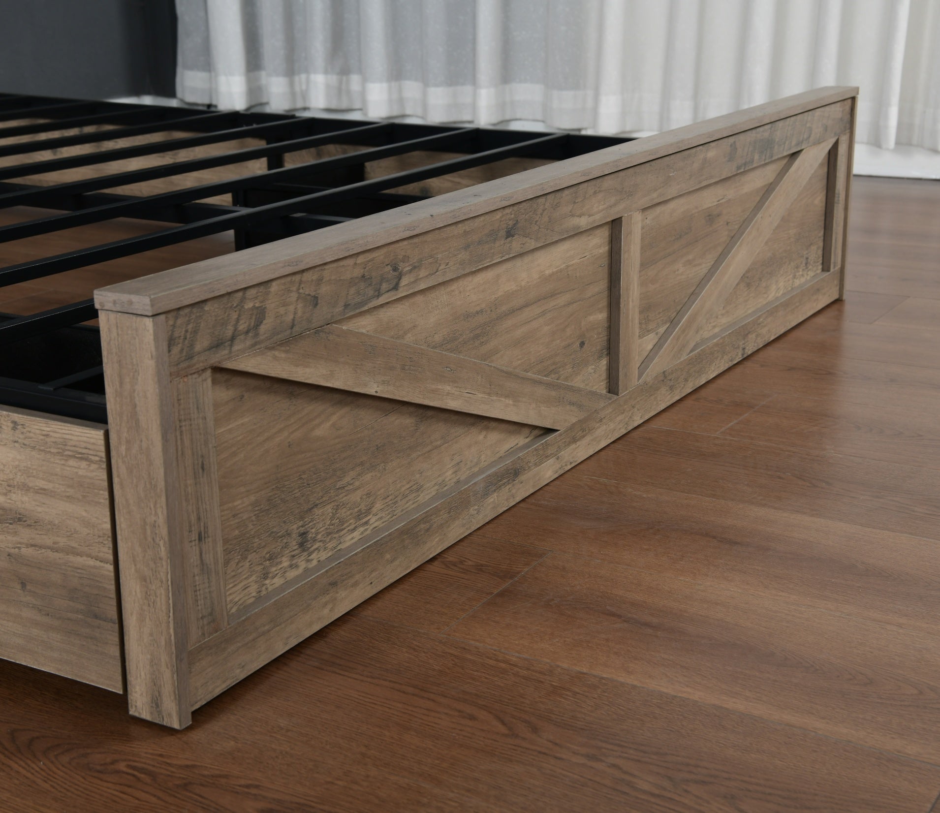 Bellemave® Farmhouse Queen Bed Frame with Storage Drawers & Bookcase Headboard - LED Lights, USB Charging Station, Sliding Barn Door, Wooden Platform Bed No Box Spring Needed Rustic Oak Bedroom Furniture Set - Bellemave