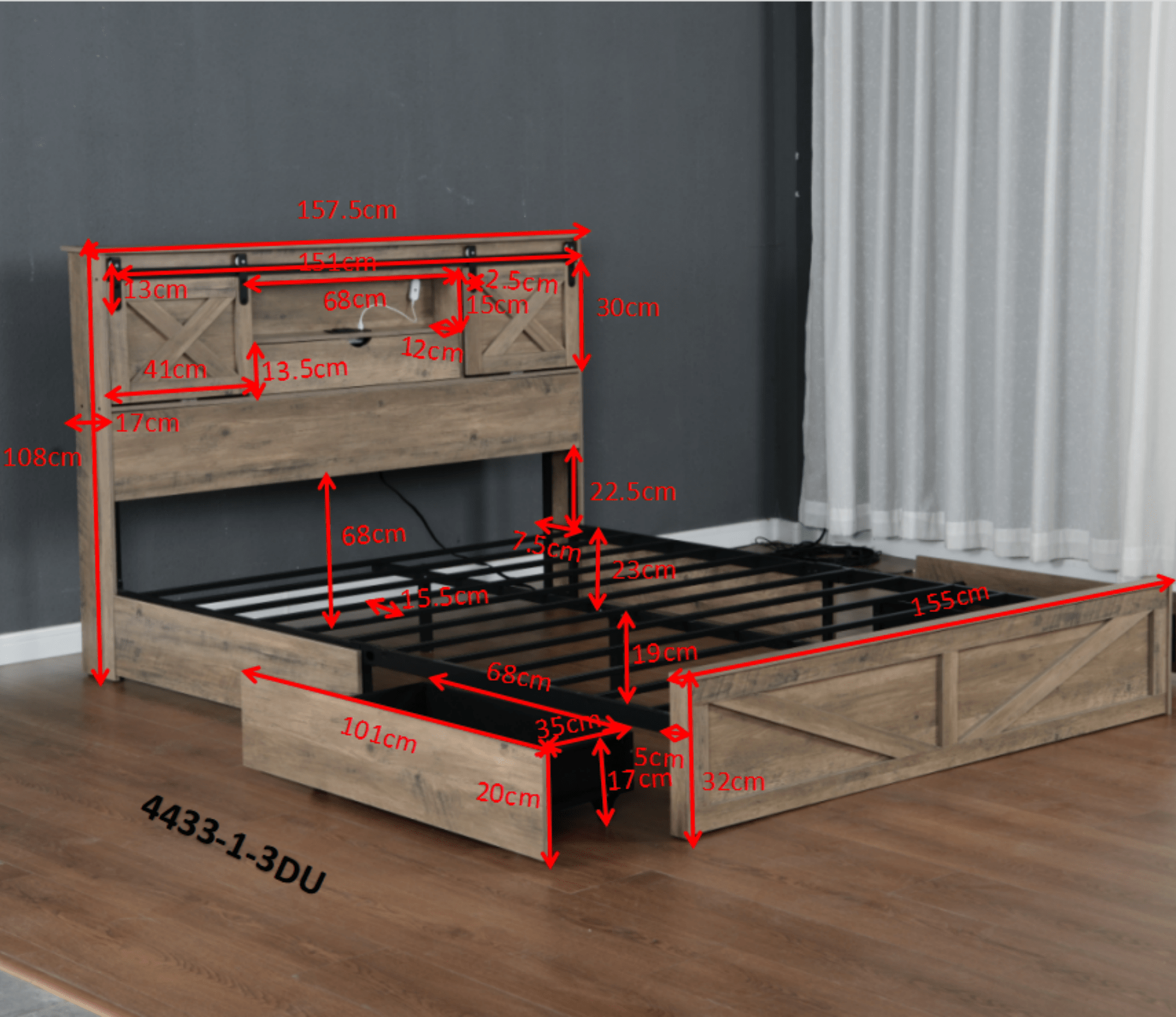 Bellemave® Farmhouse Queen Bed Frame with Storage Drawers & Bookcase Headboard - LED Lights, USB Charging Station, Sliding Barn Door, Wooden Platform Bed No Box Spring Needed Rustic Oak Bedroom Furniture Set - Bellemave