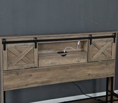 Bellemave® Farmhouse Queen Bed Frame with Storage Drawers & Bookcase Headboard - LED Lights, USB Charging Station, Sliding Barn Door, Wooden Platform Bed No Box Spring Needed Rustic Oak Bedroom Furniture Set - Bellemave