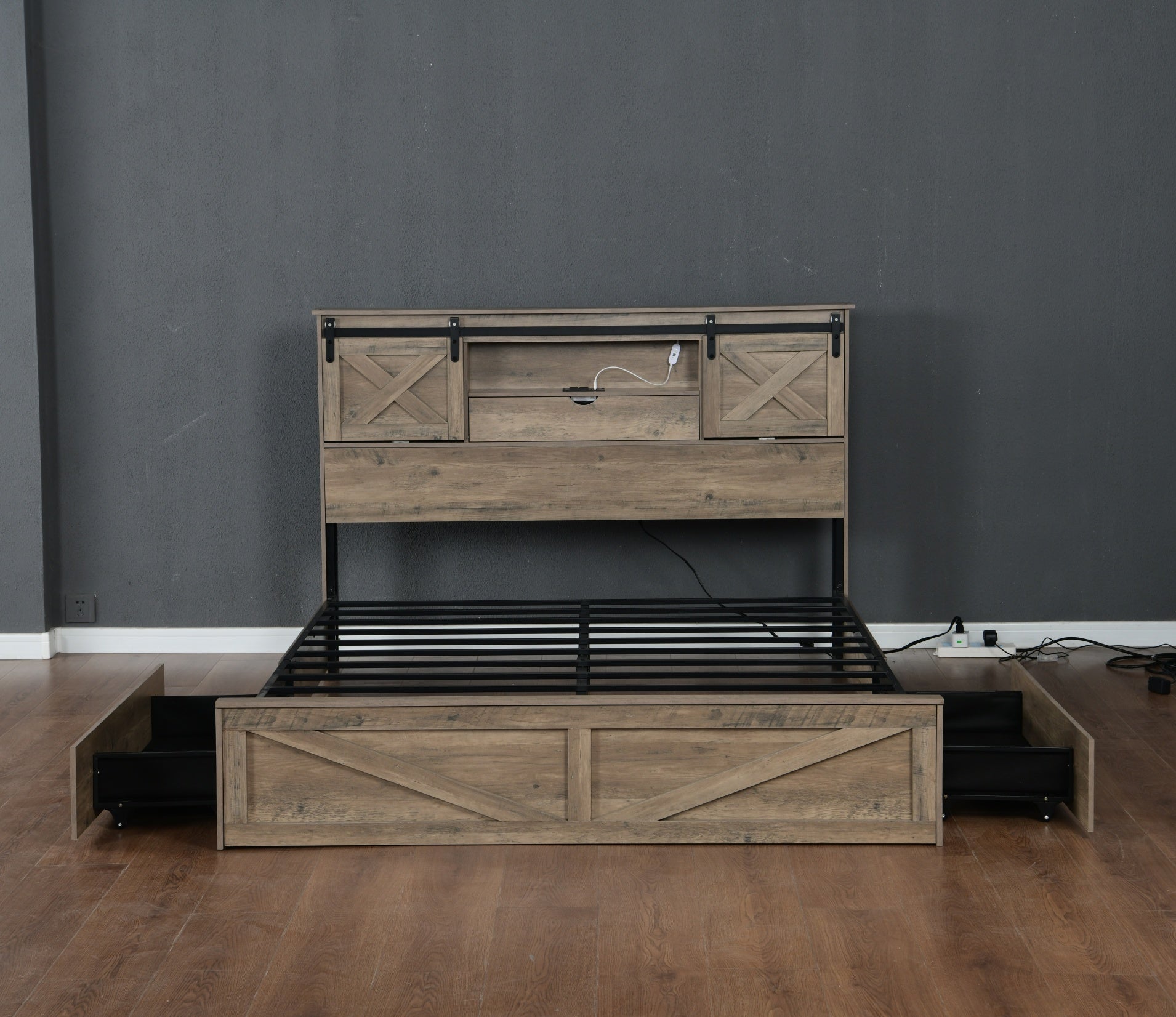 Bellemave® Farmhouse Queen Bed Frame with Storage Drawers & Bookcase Headboard - LED Lights, USB Charging Station, Sliding Barn Door, Wooden Platform Bed No Box Spring Needed Rustic Oak Bedroom Furniture Set - Bellemave