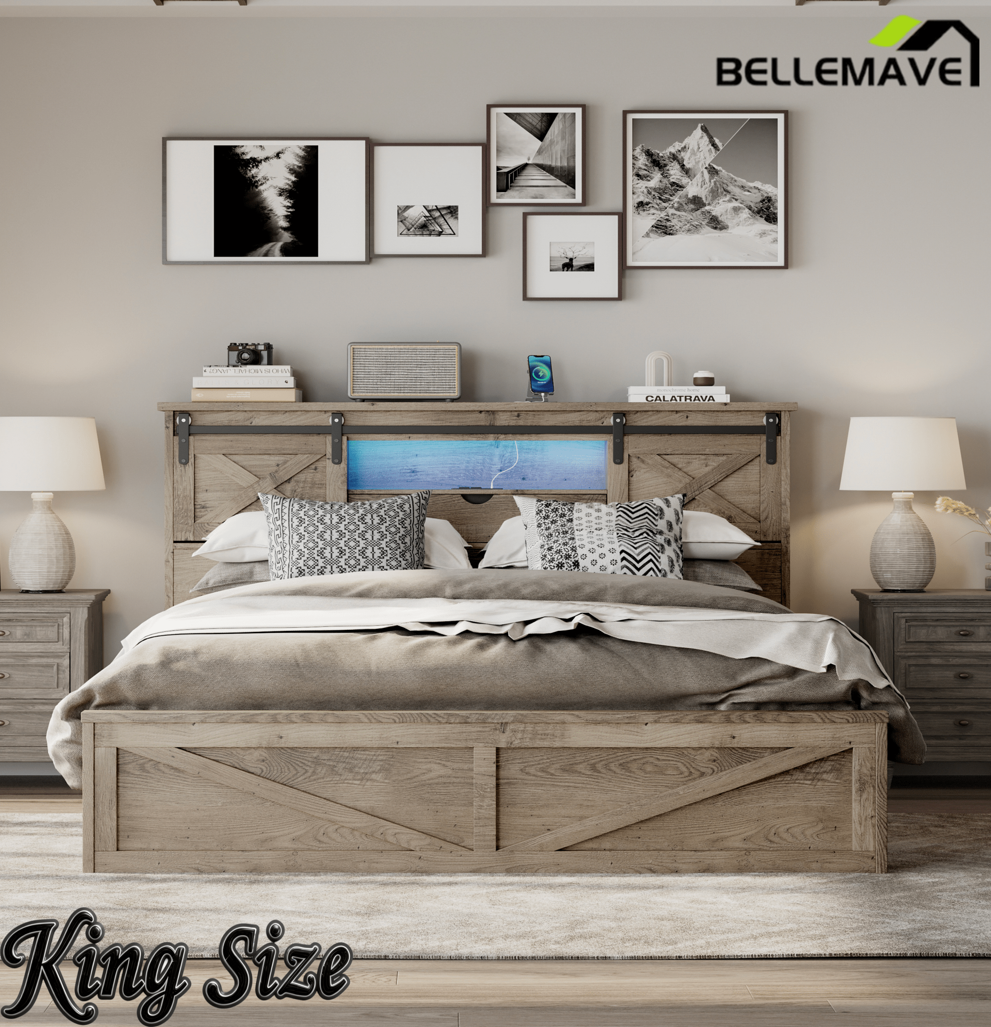 Bellemave® Farmhouse Queen Bed Frame with Storage Drawers & Bookcase Headboard - LED Lights, USB Charging Station, Sliding Barn Door, Wooden Platform Bed No Box Spring Needed Rustic Oak Bedroom Furniture Set - Bellemave