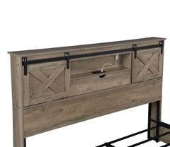 Bellemave® Farmhouse Queen Bed Frame with Storage Drawers & Bookcase Headboard - LED Lights, USB Charging Station, Sliding Barn Door, Wooden Platform Bed No Box Spring Needed Rustic Oak Bedroom Furniture Set - Bellemave