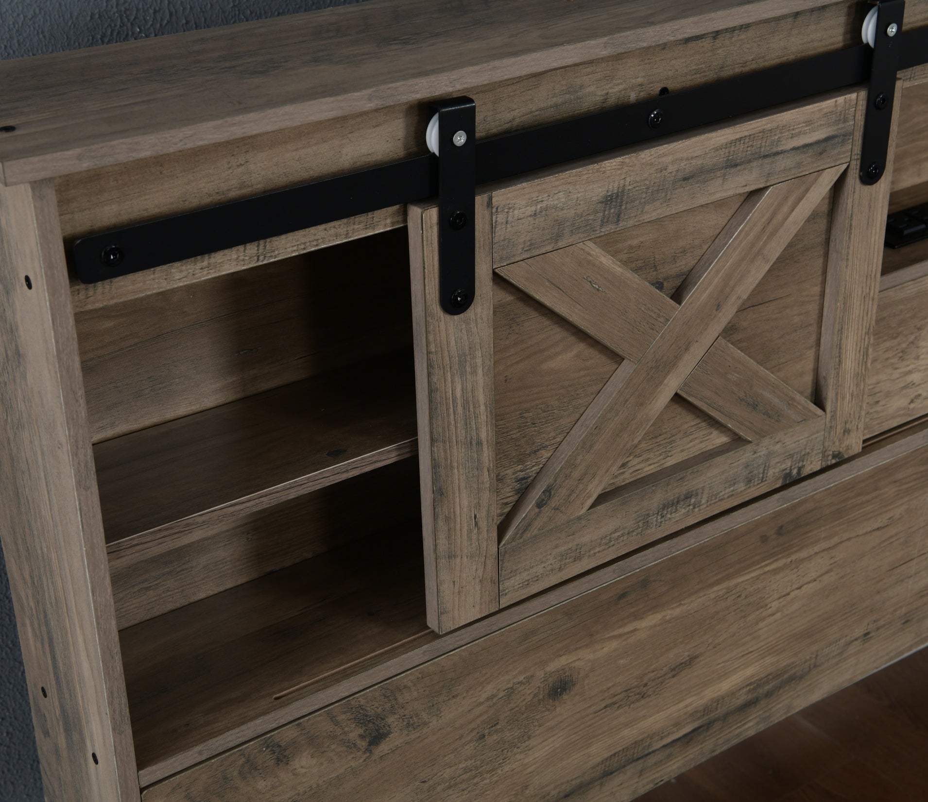 Bellemave® Farmhouse Queen Bed Frame with Storage Drawers & Bookcase Headboard - LED Lights, USB Charging Station, Sliding Barn Door, Wooden Platform Bed No Box Spring Needed Rustic Oak Bedroom Furniture Set - Bellemave